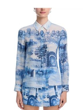 Alice + Olivia Light Blue Print Collared Shirt 100% Silk
